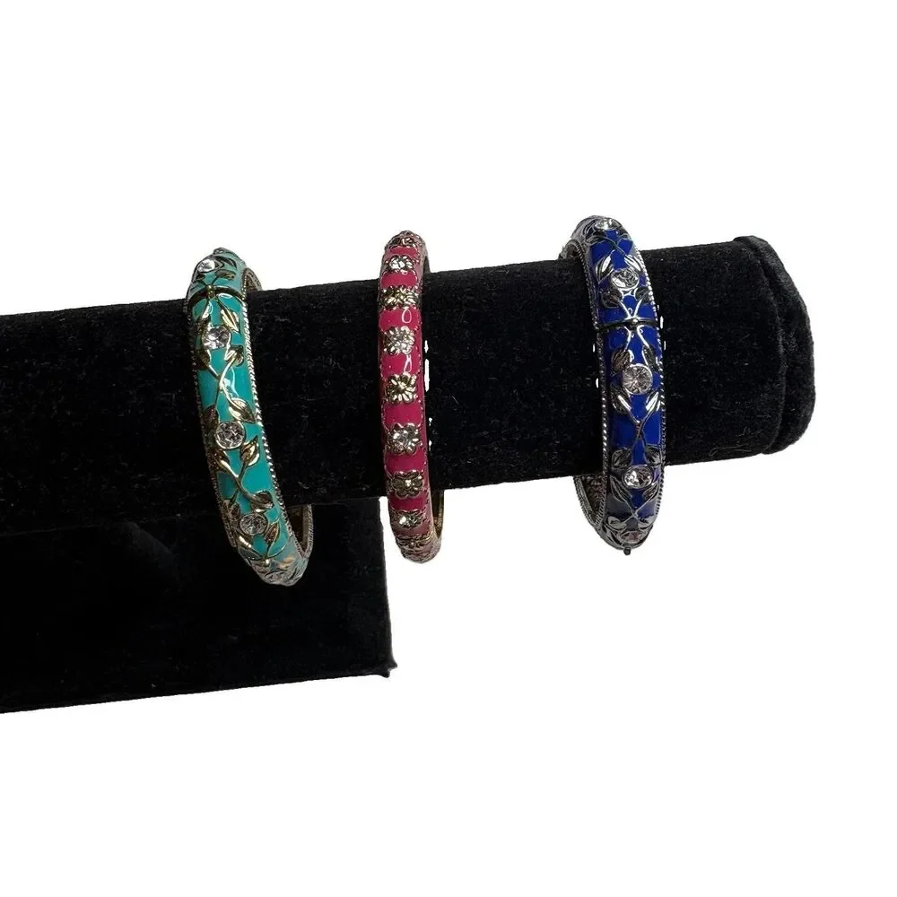 Teal, Pink and Blue Enamel Hinged Bangle Bracelets Gold Tone Stretch